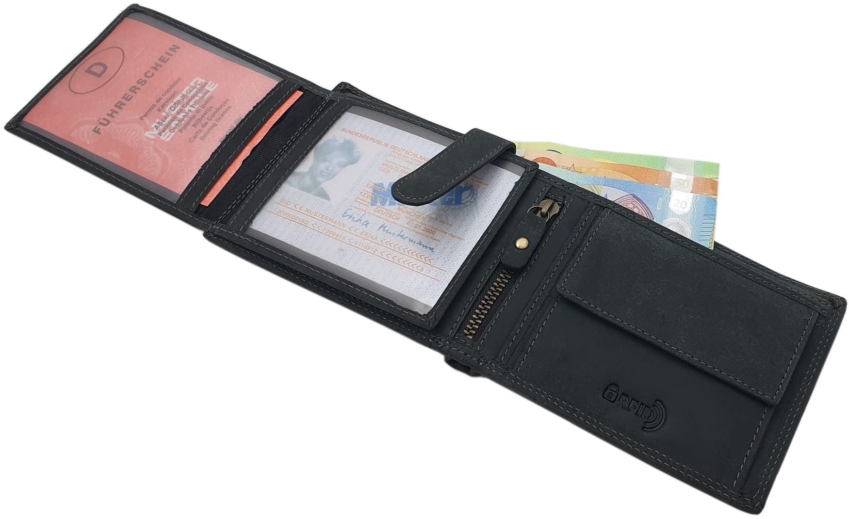 myledershop Herren Geldbörsen portafoglio bufalo orizzontale nero RFID