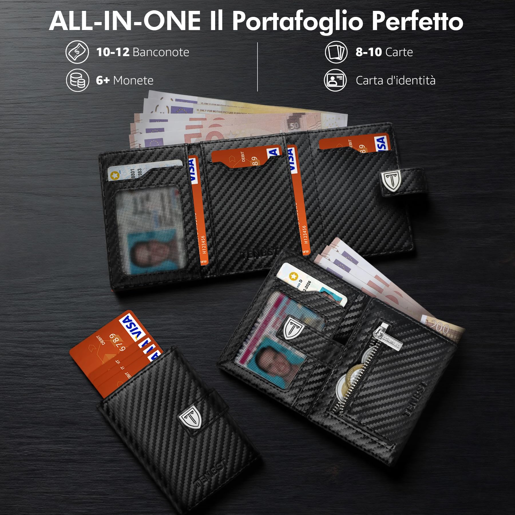 TENBST Card Holder portafoglio uomo nero arancione RFID 10 carte