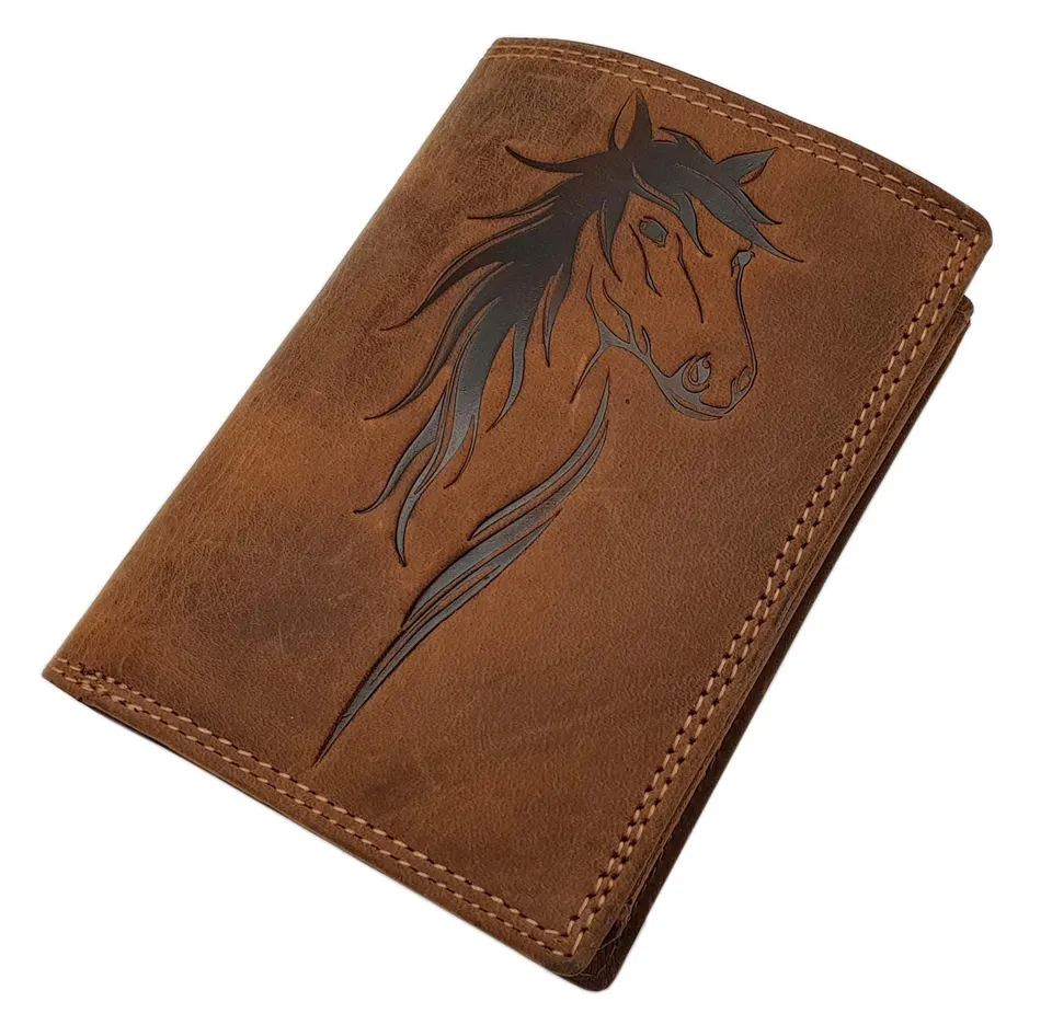 myledershop Damen Geldbörsen portafoglio donna con cavallo RFID cognac pelle di bufalo