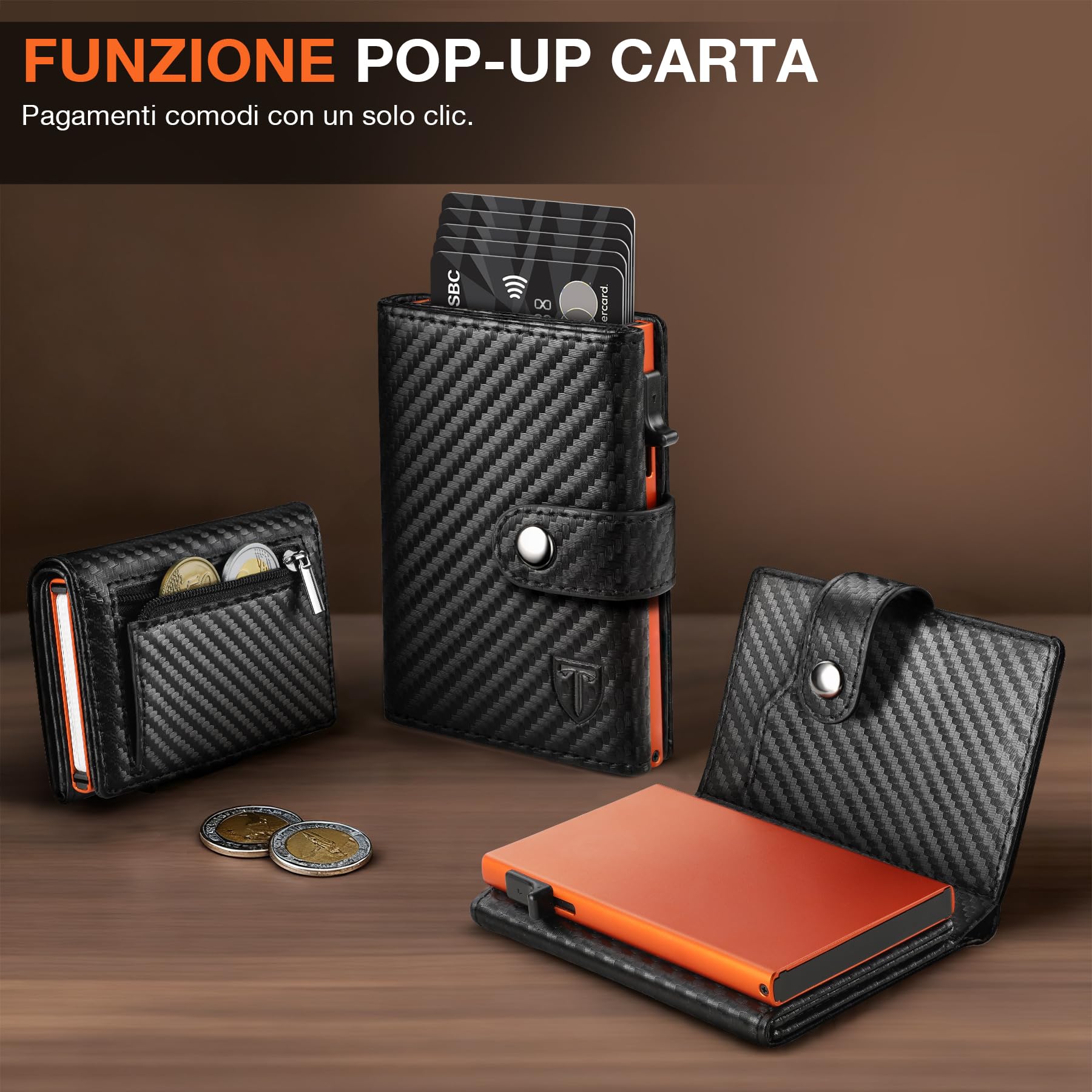 TENBST Card Holder portacarte uomo Nero/Arancione 10 carte RFID