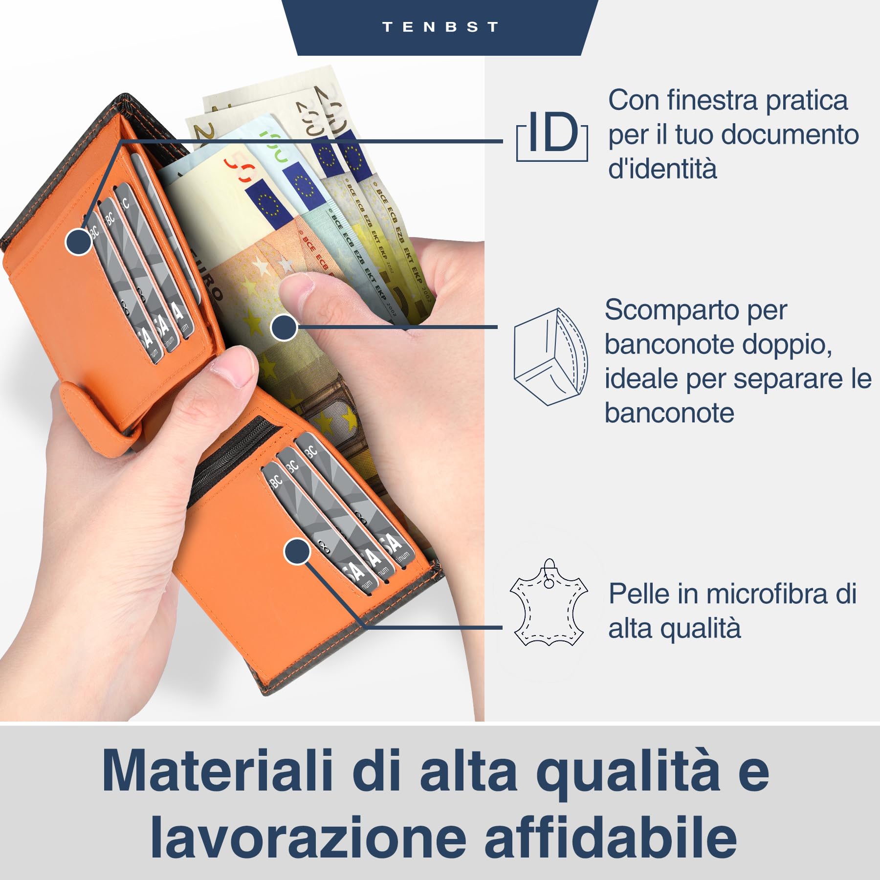 TENBST Classic Wallet portafoglio uomo nero arancione 1 pezzo RFID