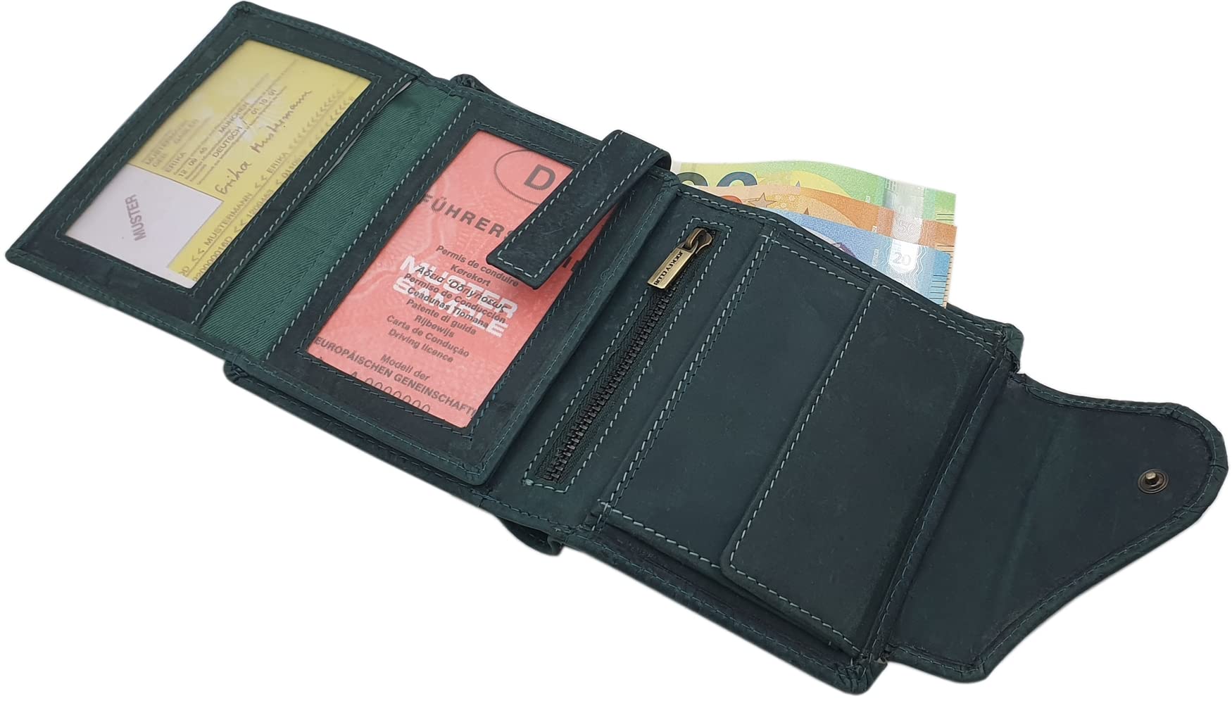 myledershop Damen Geldbörsen Portafoglio da donna in pelle bovina verticale verde scuro RFID NFC