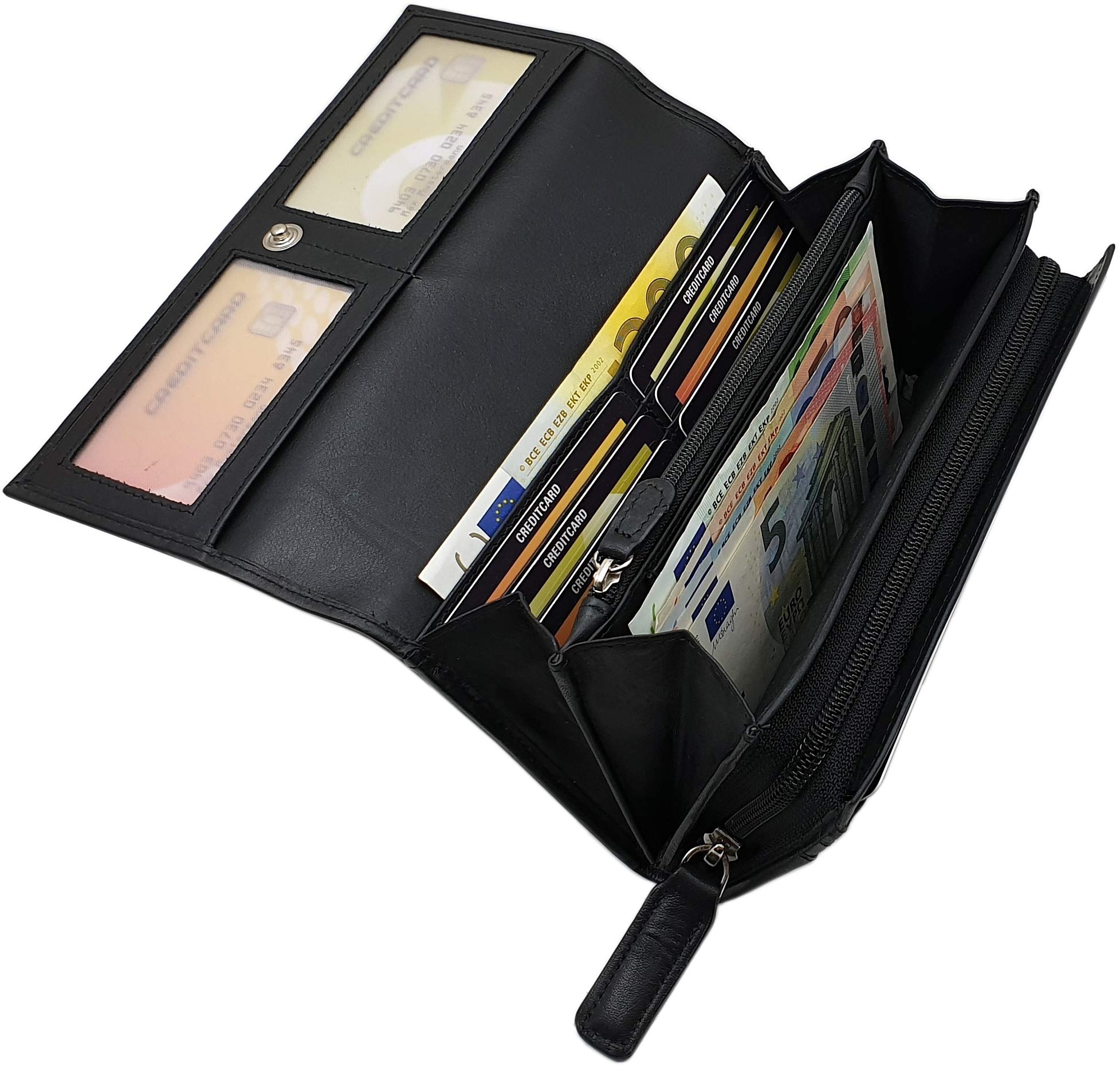 myledershop Damen Geldbörsen portafoglio donna grande vacchetta nappa nero RFID
