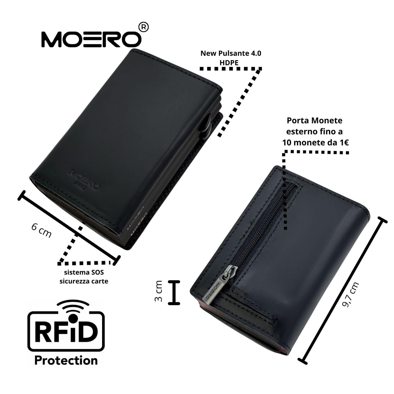 Moero Linea PRO Dual Zip portafoglio nero 15 carte con doppio portacarte