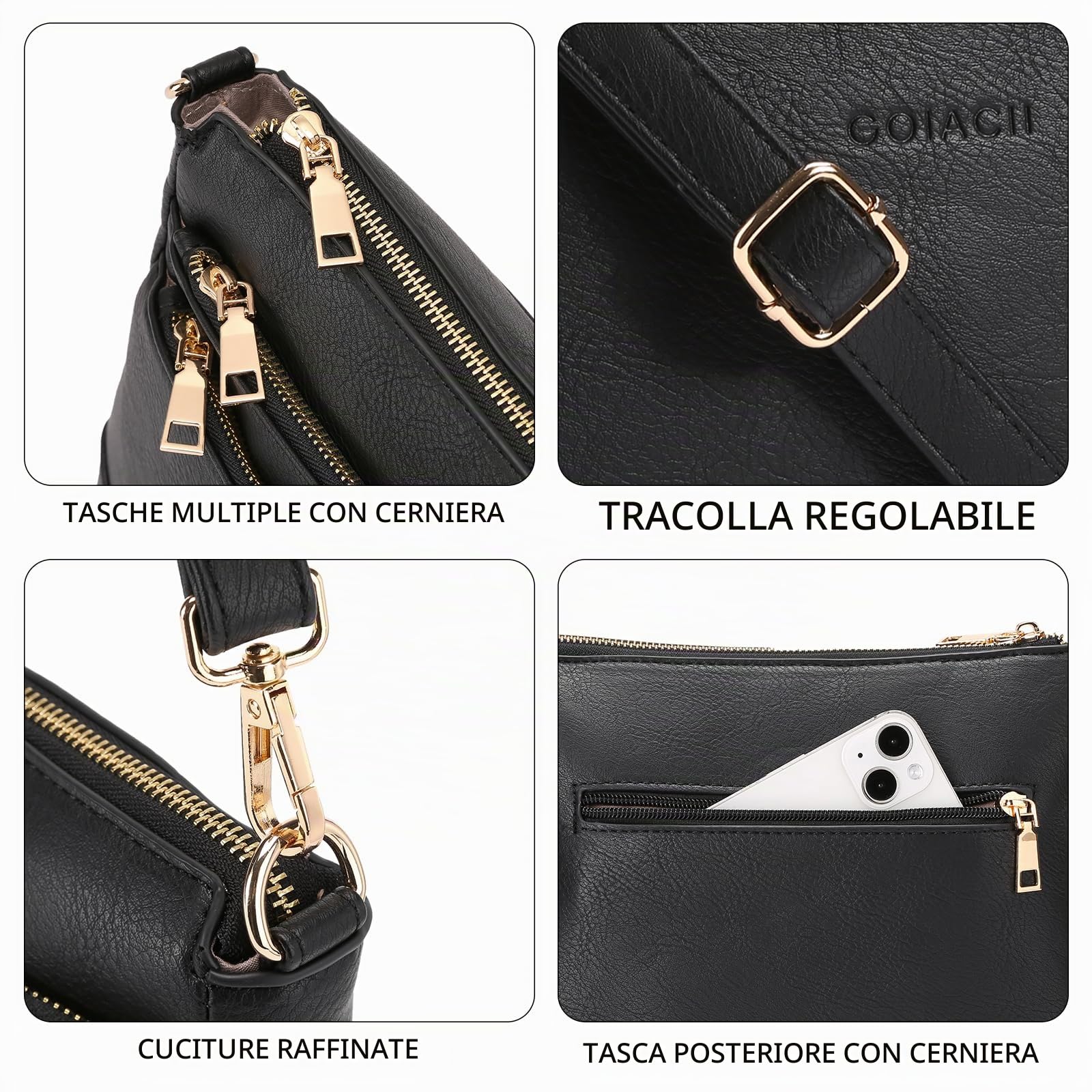 GOIACII BAG Borse a tracolla da donna hobo A04 Nero con tasche