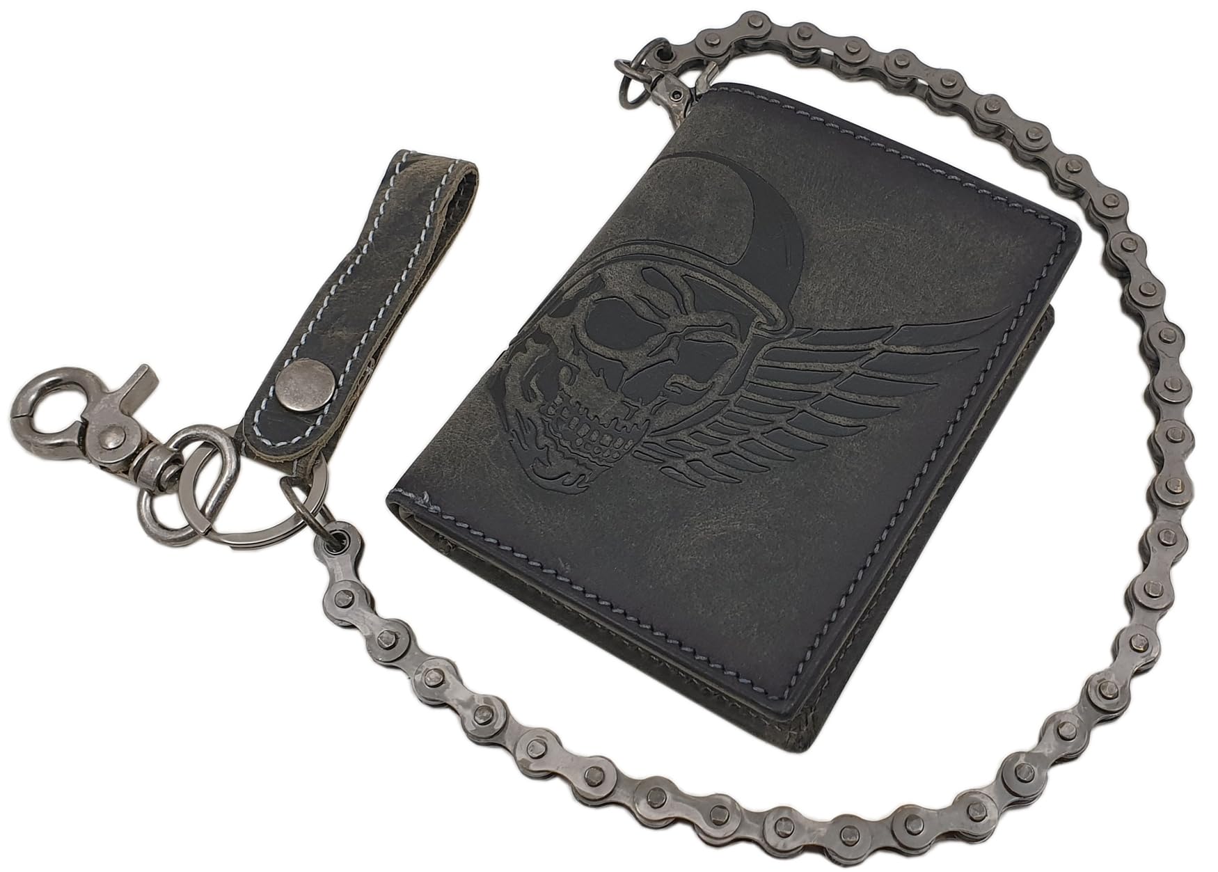 myledershop Bikerbörsen Modello 1 portafoglio verticale teschio grigio vintage con catena