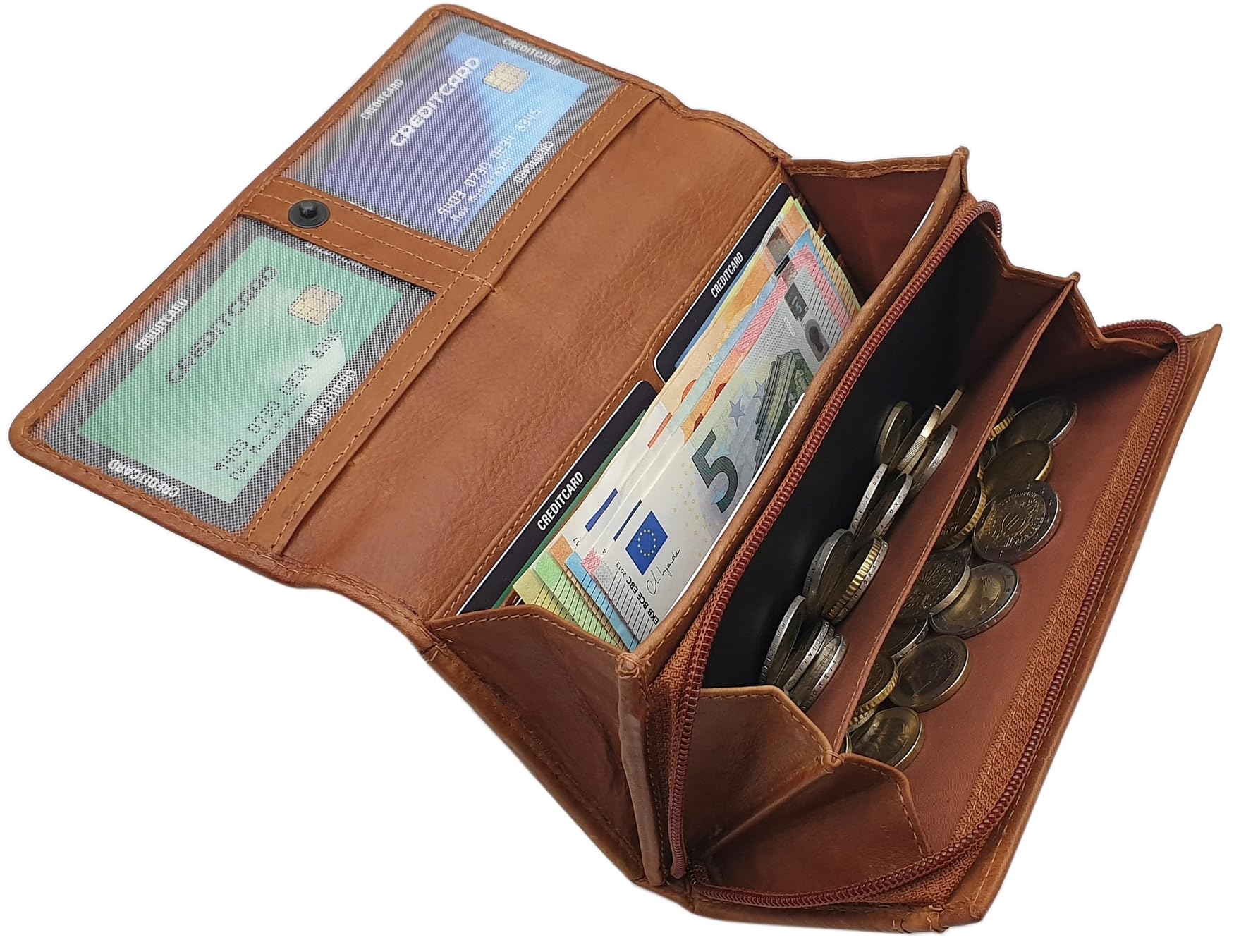 myledershop Damen Geldbörsen portafoglio donna grande cognac RFID