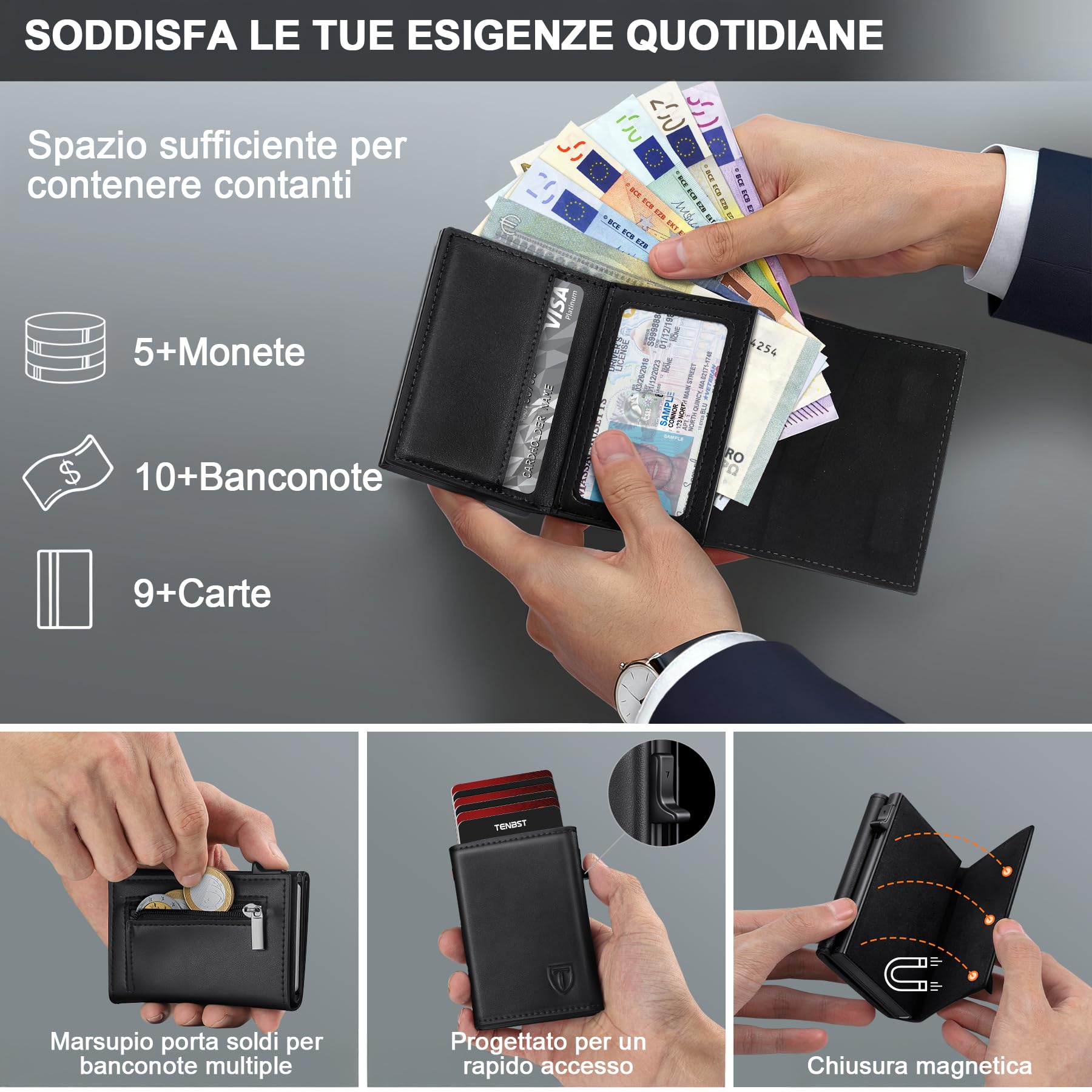 TENBST Card Holder portafoglio slim nero RFID con portamonete