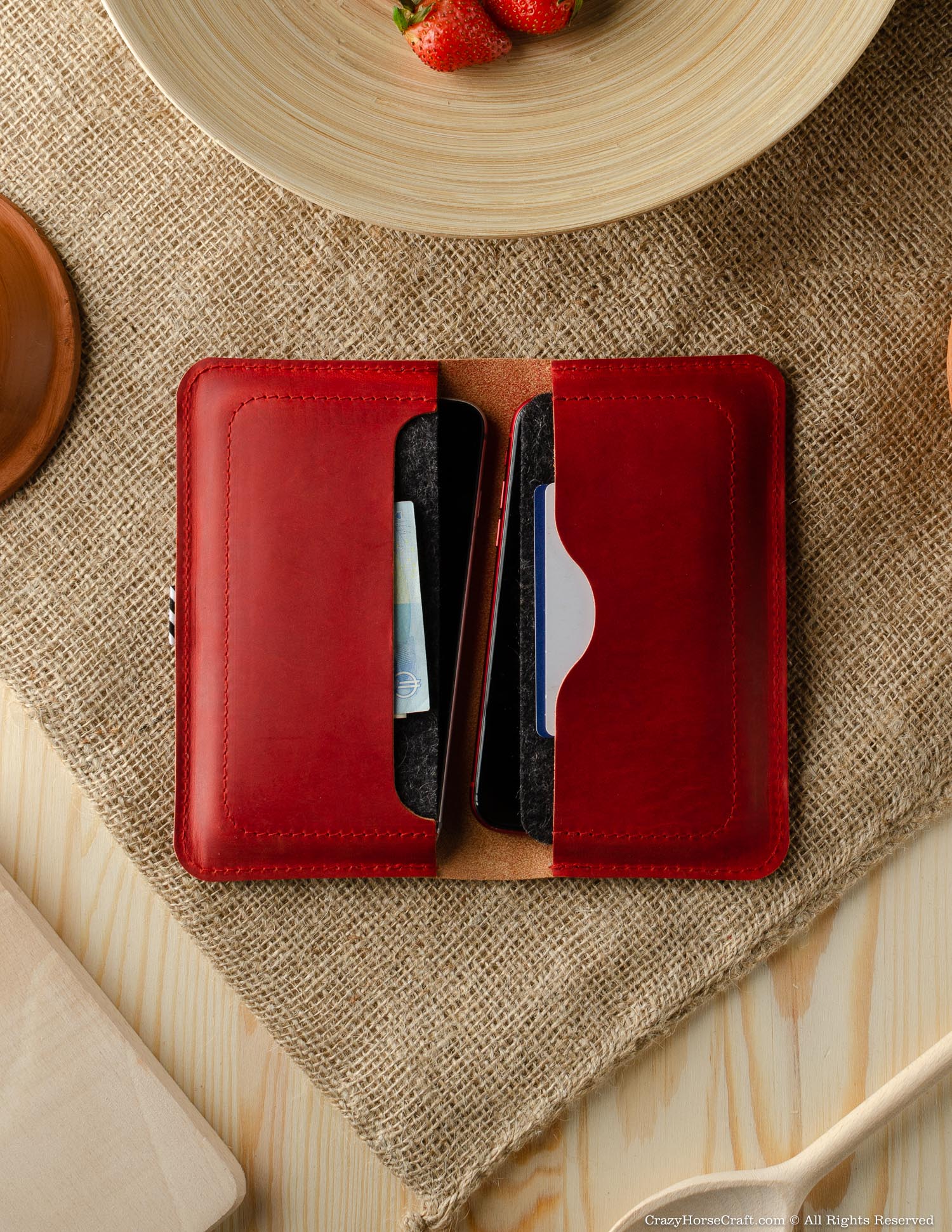 Crazy Horse Craft Phone Cases Leather wallet / case for two phones portafoglio Fragola Red