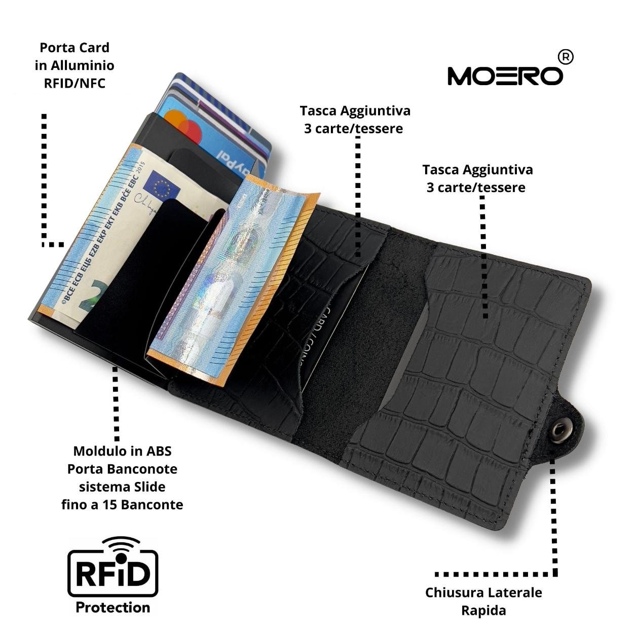 Moero Linea Classic Classic Croco portafoglio nero con stampa coccodrillo