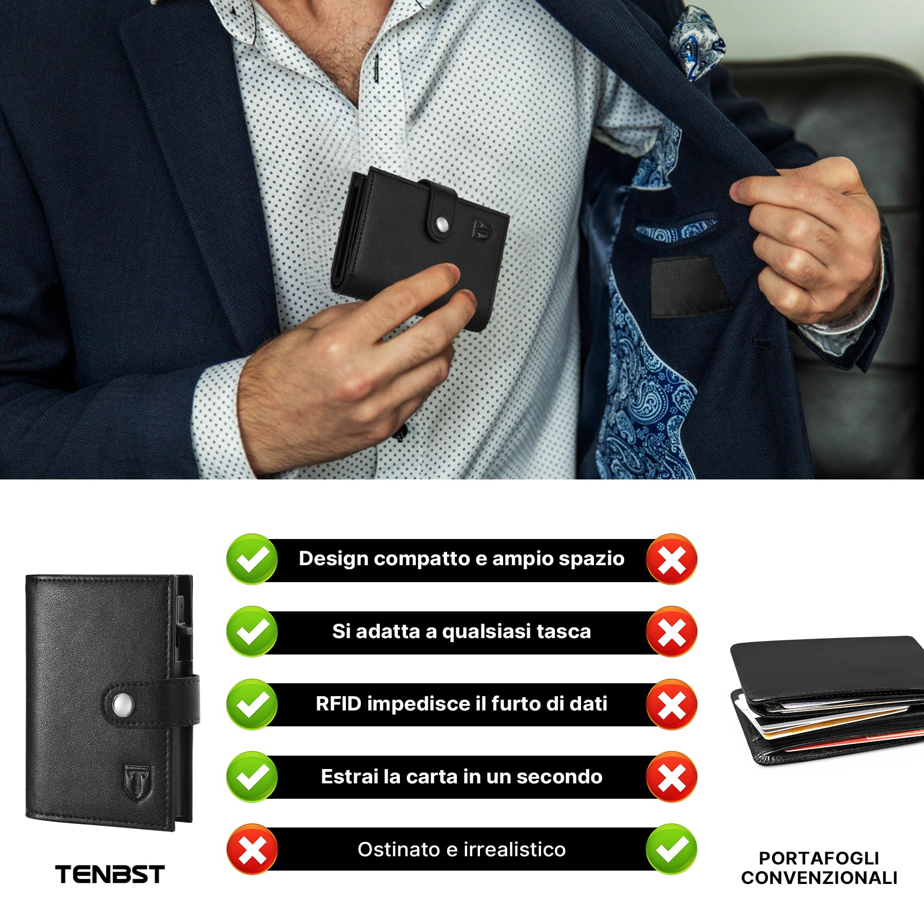 TENBST Card Holder portafoglio uomo slim nero RFID con portamonete