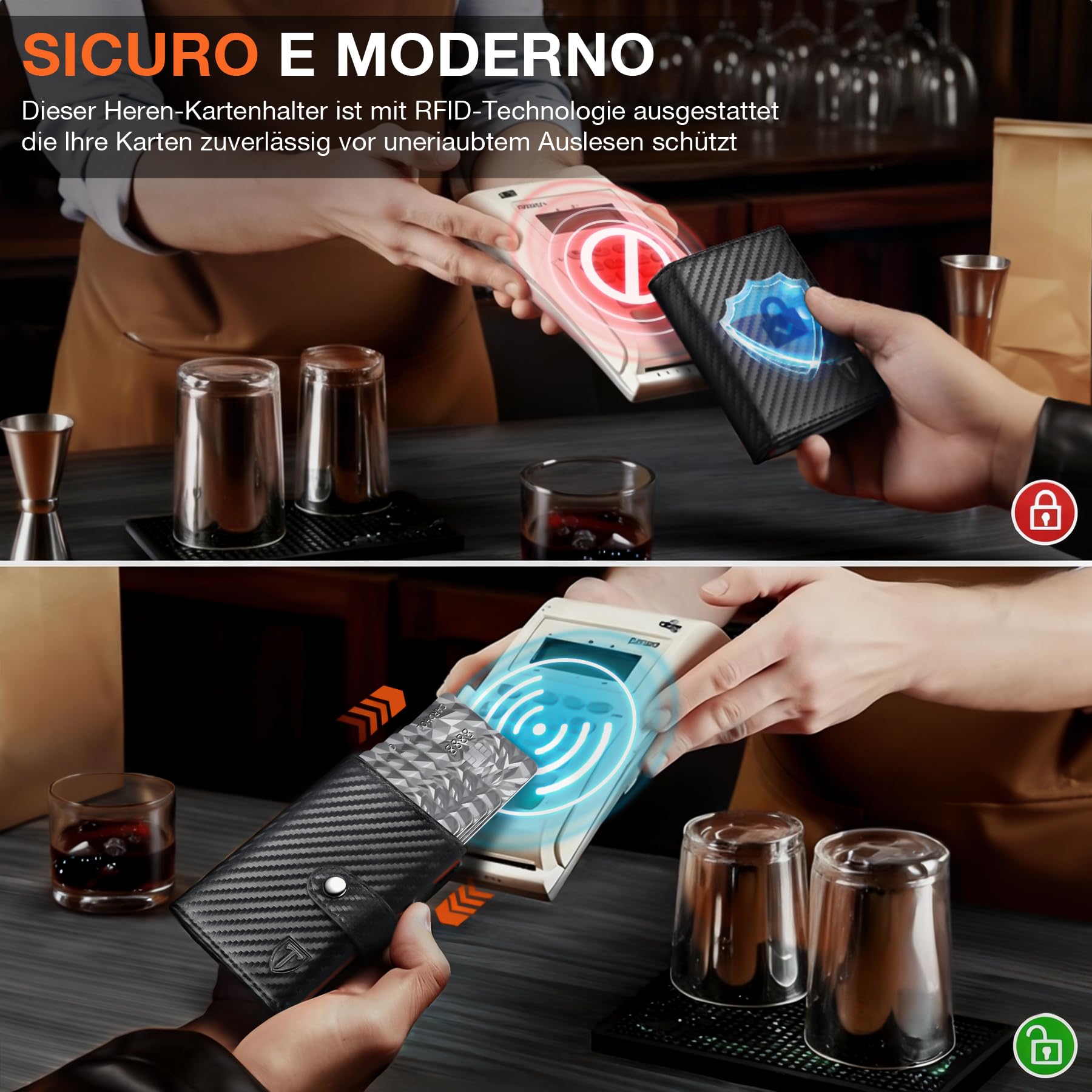 TENBST Card Holder portacarte uomo Nero/Arancione 10 carte RFID