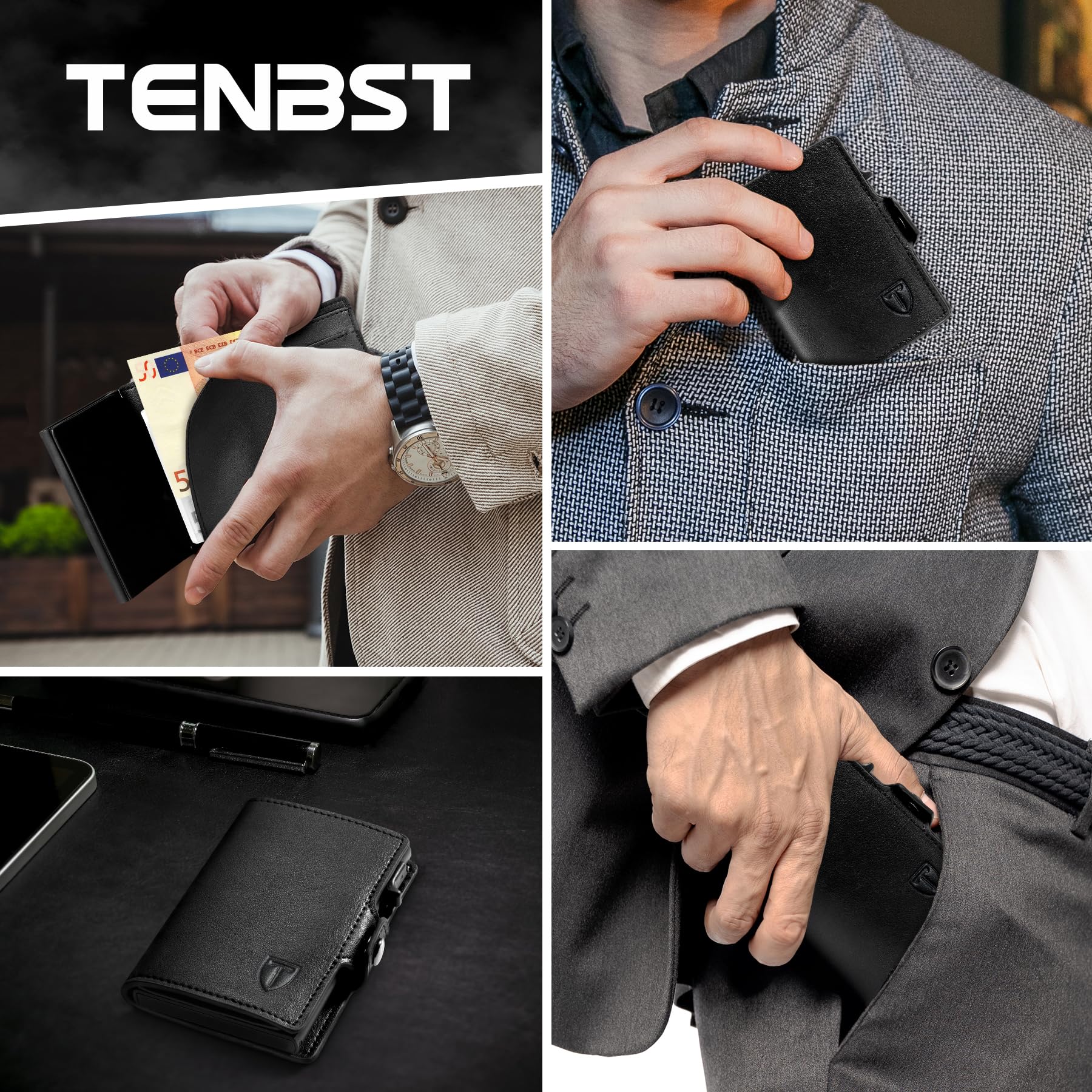 TENBST Card Holder portafoglio slim nero con protezione RFID