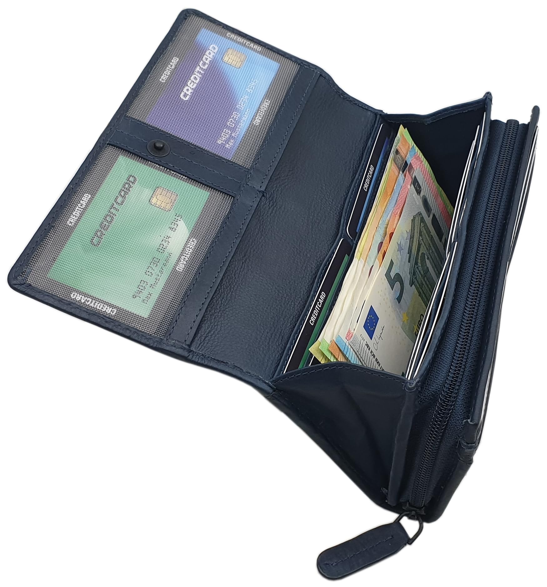 myledershop Damen Geldbörsen portafoglio grande pelle bovina blu RFID