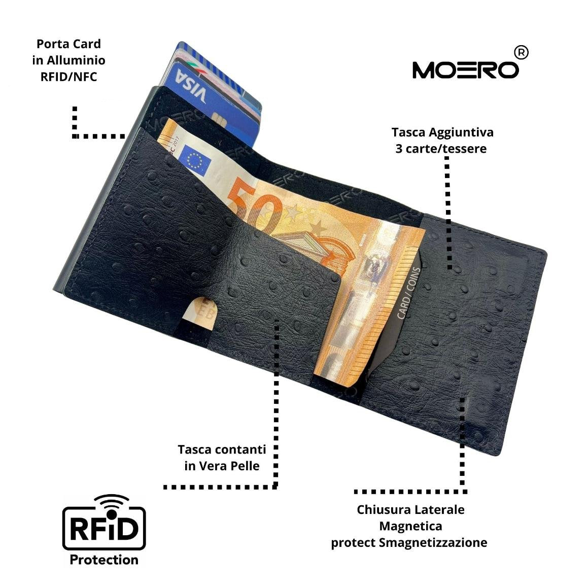 Moero Linea PRO Struzzo portafoglio nero in vera pelle con chiusura magnetica