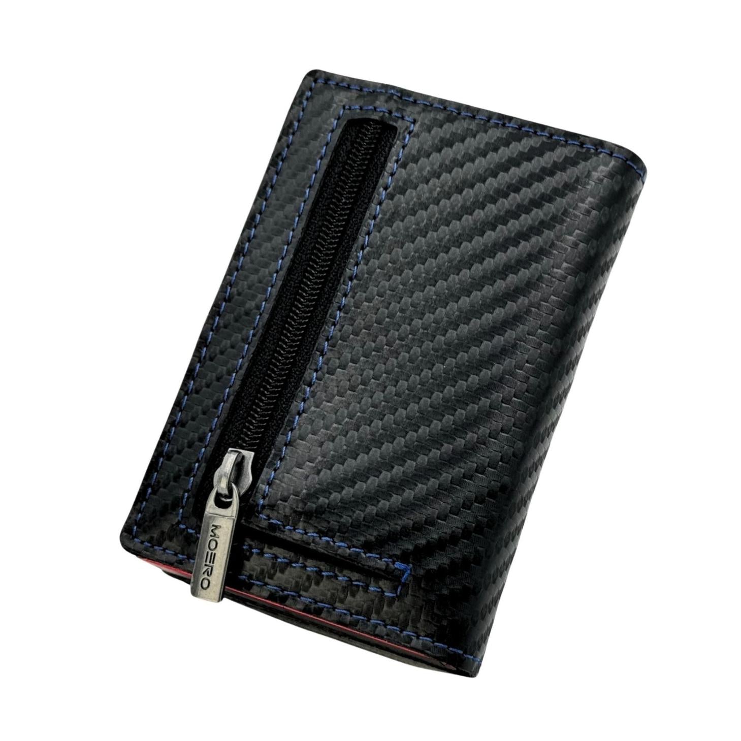 Moero Linea PRO PRO Zip Carbon portafoglio nero cuciture blu RFID