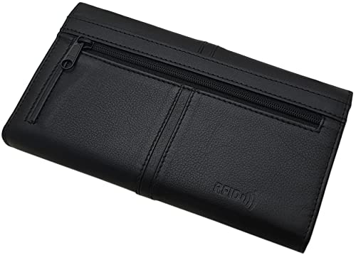 myledershop Damen Geldbörsen grande portafoglio donna pelle di vitello nero RFID NFC