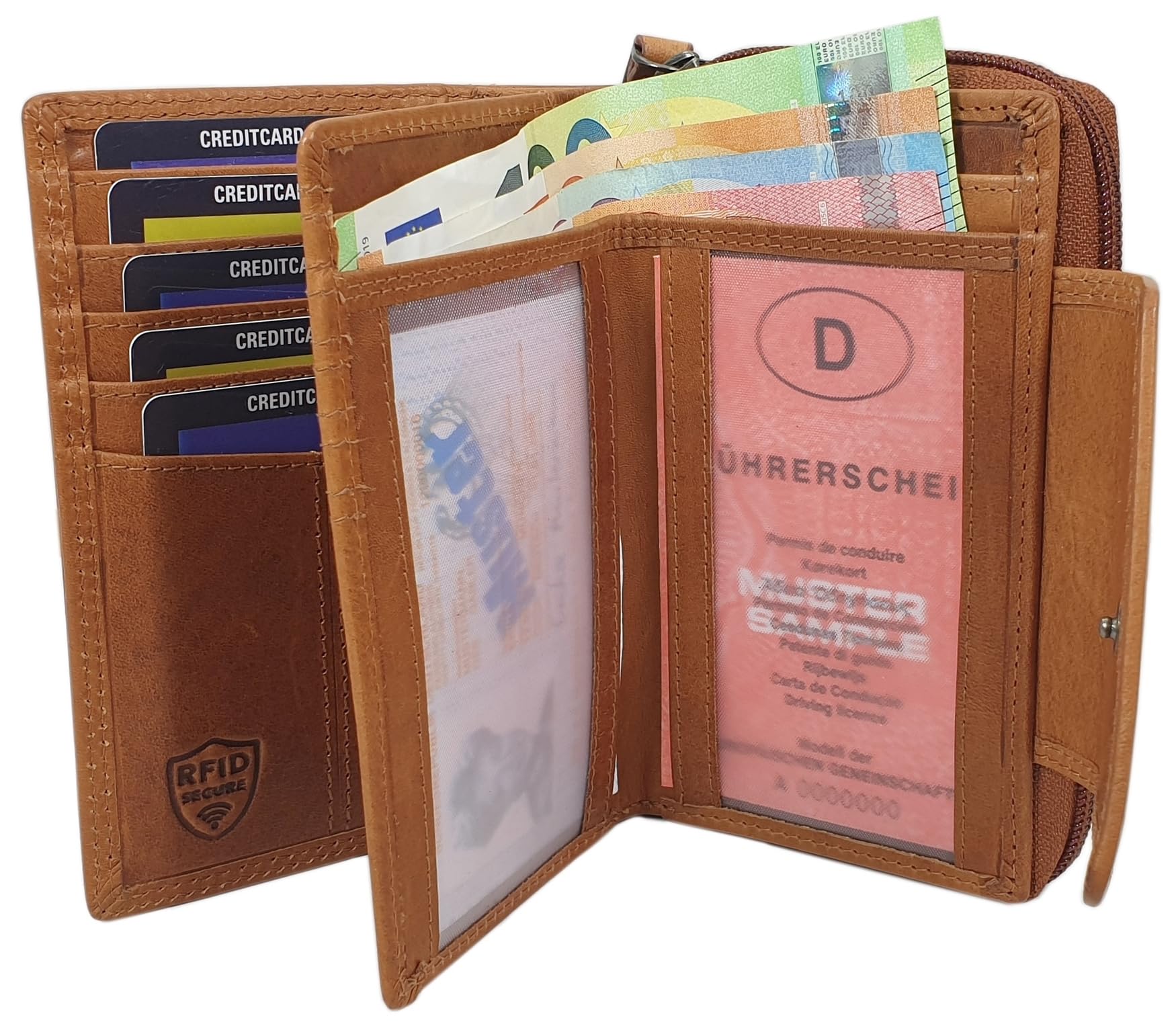myledershop Damen Geldbörsen portafoglio donna pelle bovina cognac RFID NFC
