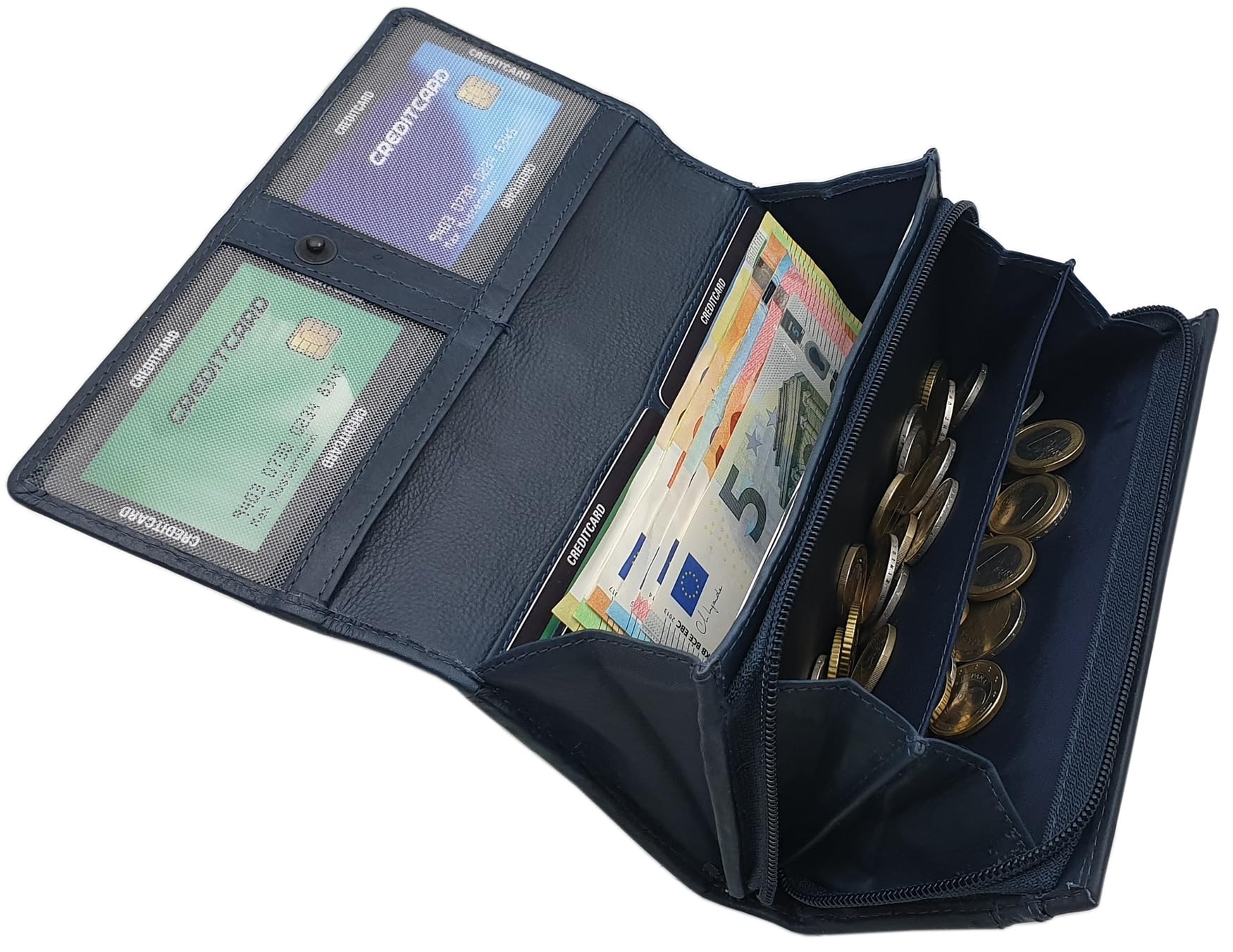 myledershop Damen Geldbörsen portafoglio grande pelle bovina blu RFID