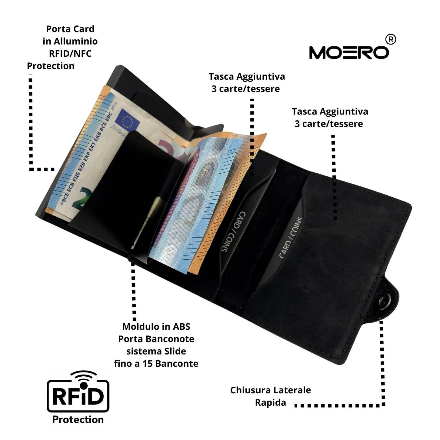 Moero Linea Classic Classic Vintage portafoglio nero vegano RFID