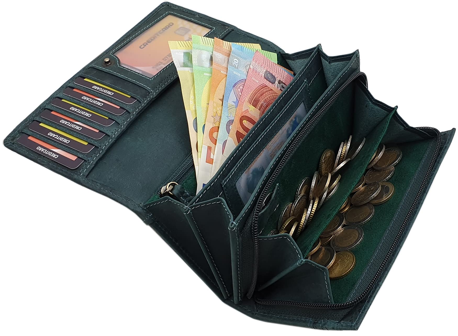 myledershop Damen Geldbörsen Grande portafoglio da donna in pelle bovina verde scuro