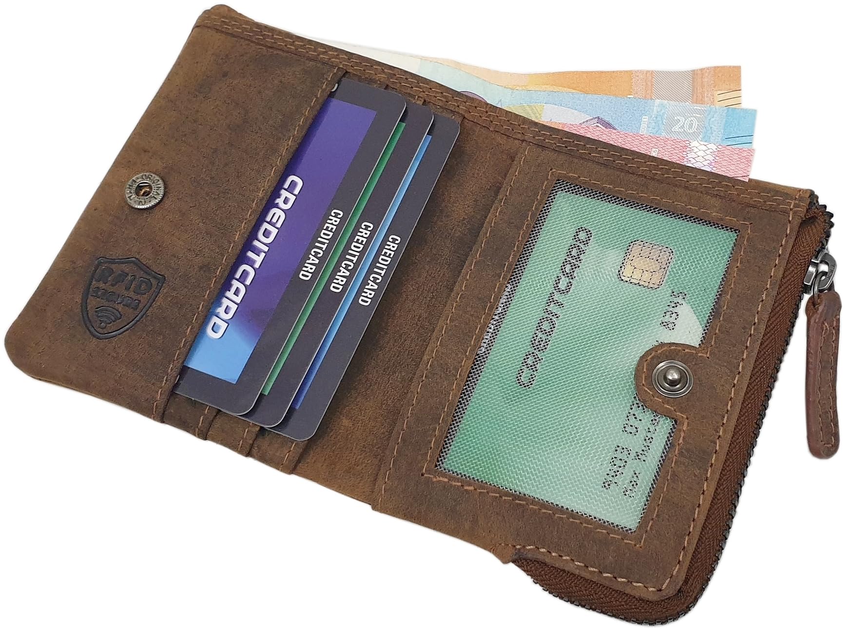 myledershop Herren Geldbörsen portafoglio uomo in pelle di bufalo teschio cognac RFID