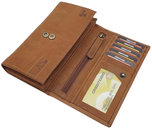 myledershop Damen Geldbörsen portafoglio grande da donna cognac RFID