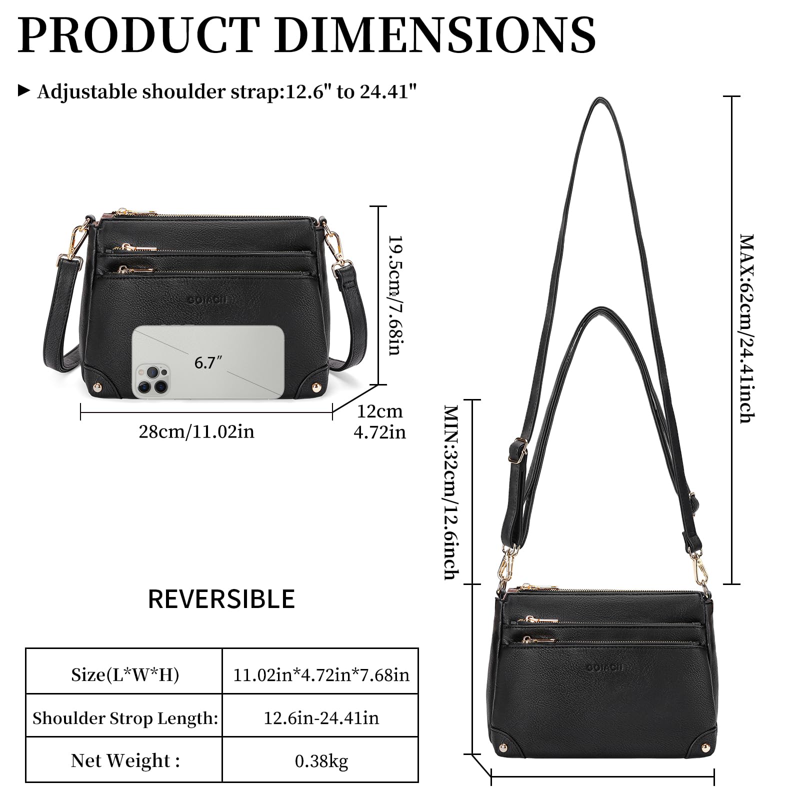 GOIACII BAG Borse a tracolla da donna hobo A04 Nero con tasche