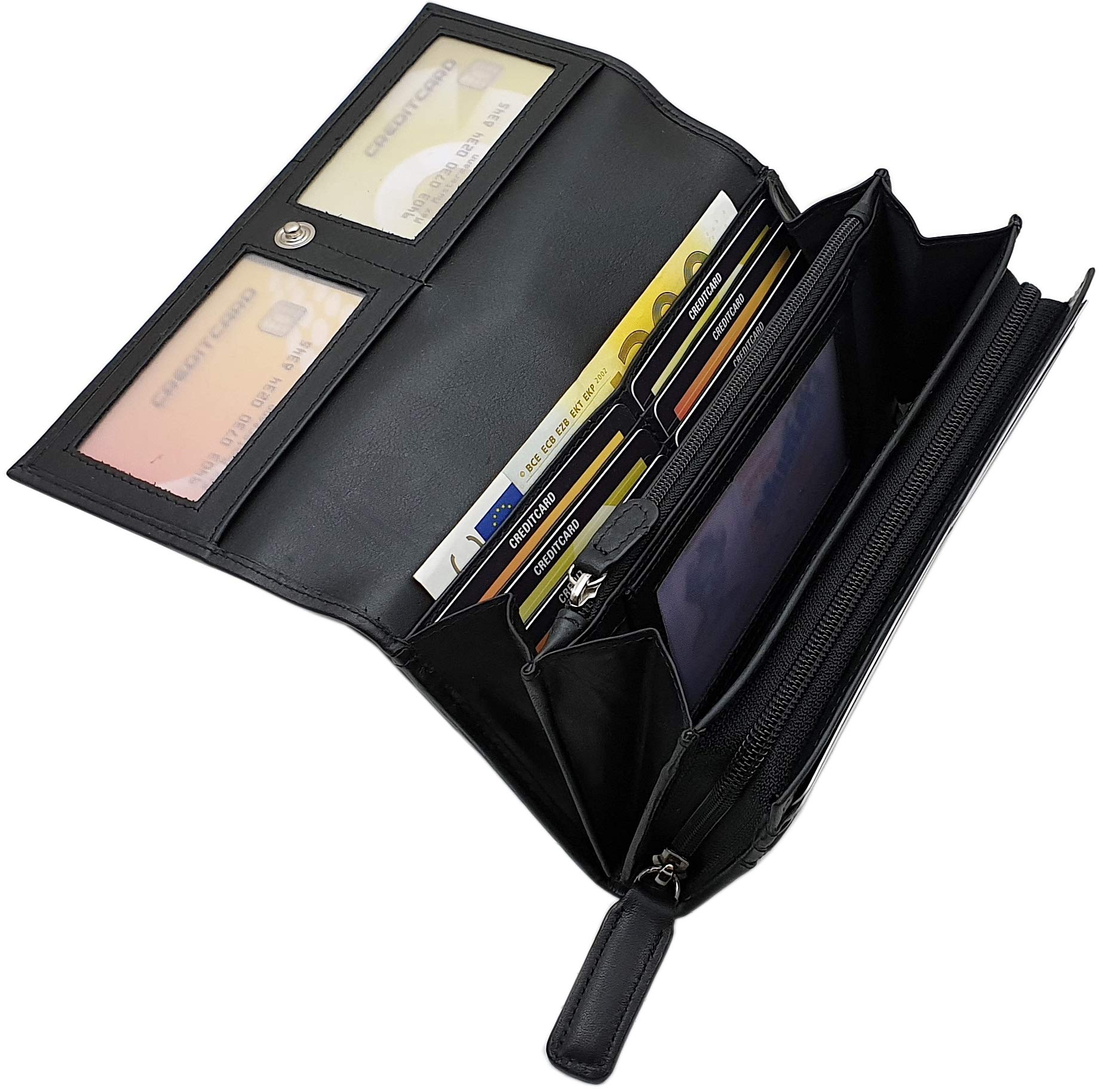 myledershop Damen Geldbörsen portafoglio donna grande vacchetta nappa nero RFID