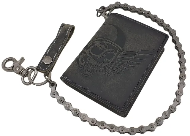 myledershop Bikerbörsen Modello 1 portafoglio verticale teschio grigio vintage con catena