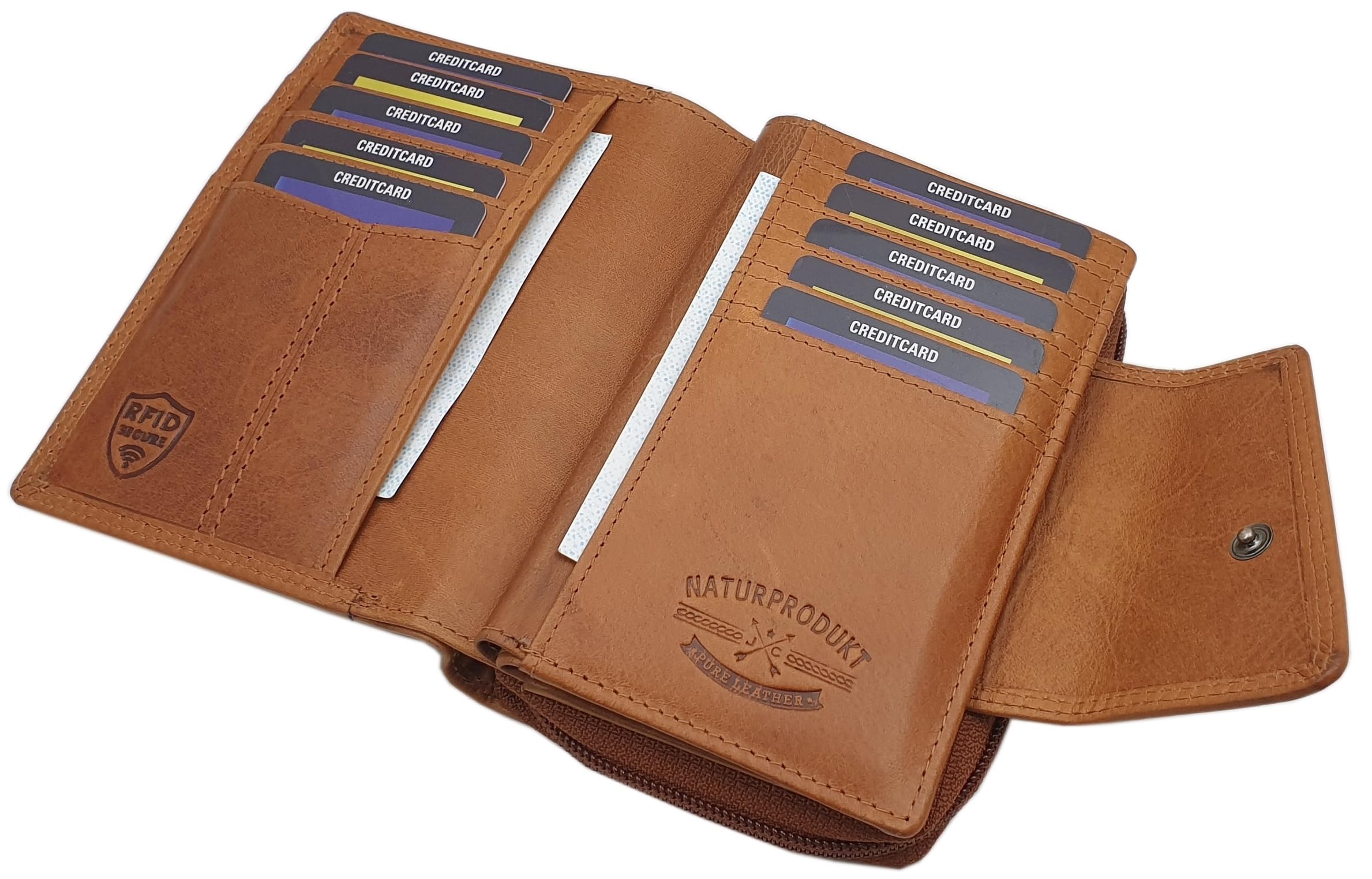 myledershop Damen Geldbörsen portafoglio donna pelle bovina cognac RFID NFC