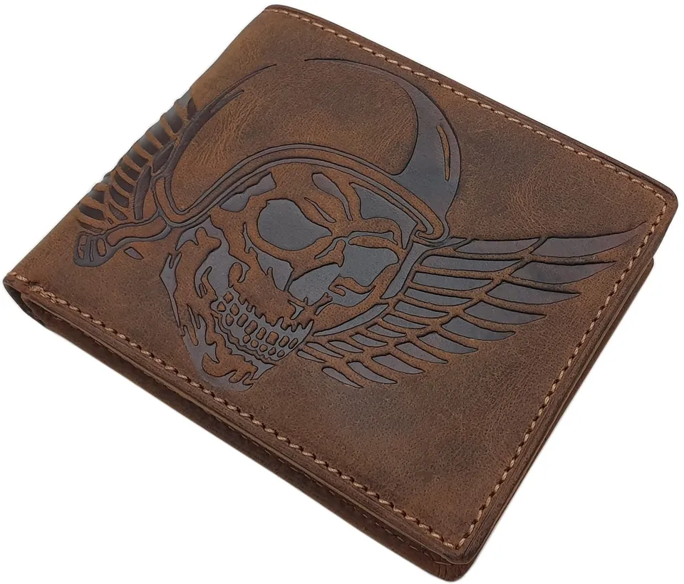myledershop Herren Geldbörsen portafoglio uomo teschio in pelle di bufalo marrone RFID NFC