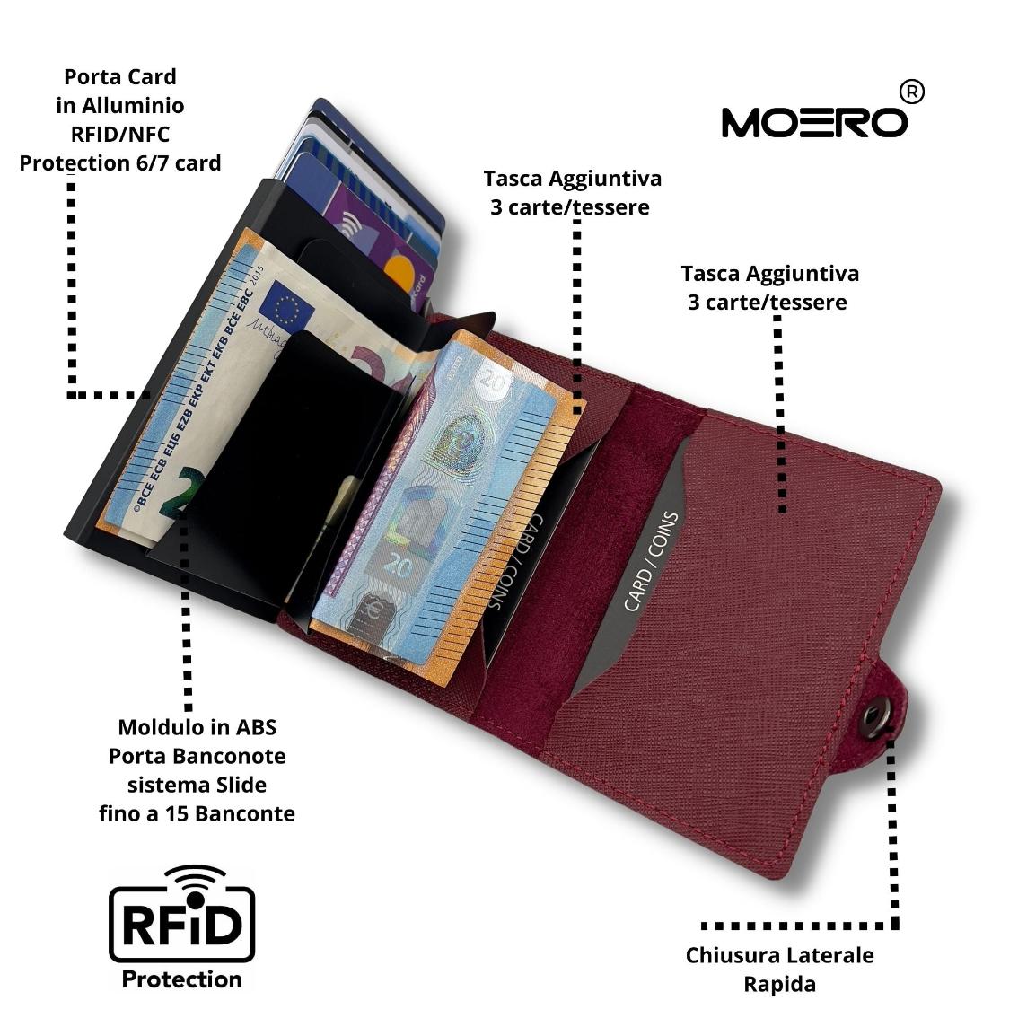 Moero Linea Classic Classic Zip Saffiano portafoglio Bordeaux RFID antigraffio
