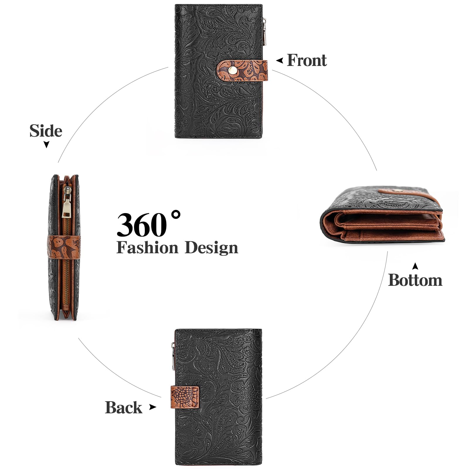 GOIACII WOMEN'S LARGE WALLET Portafoglio da donna Nero e marrone RFID