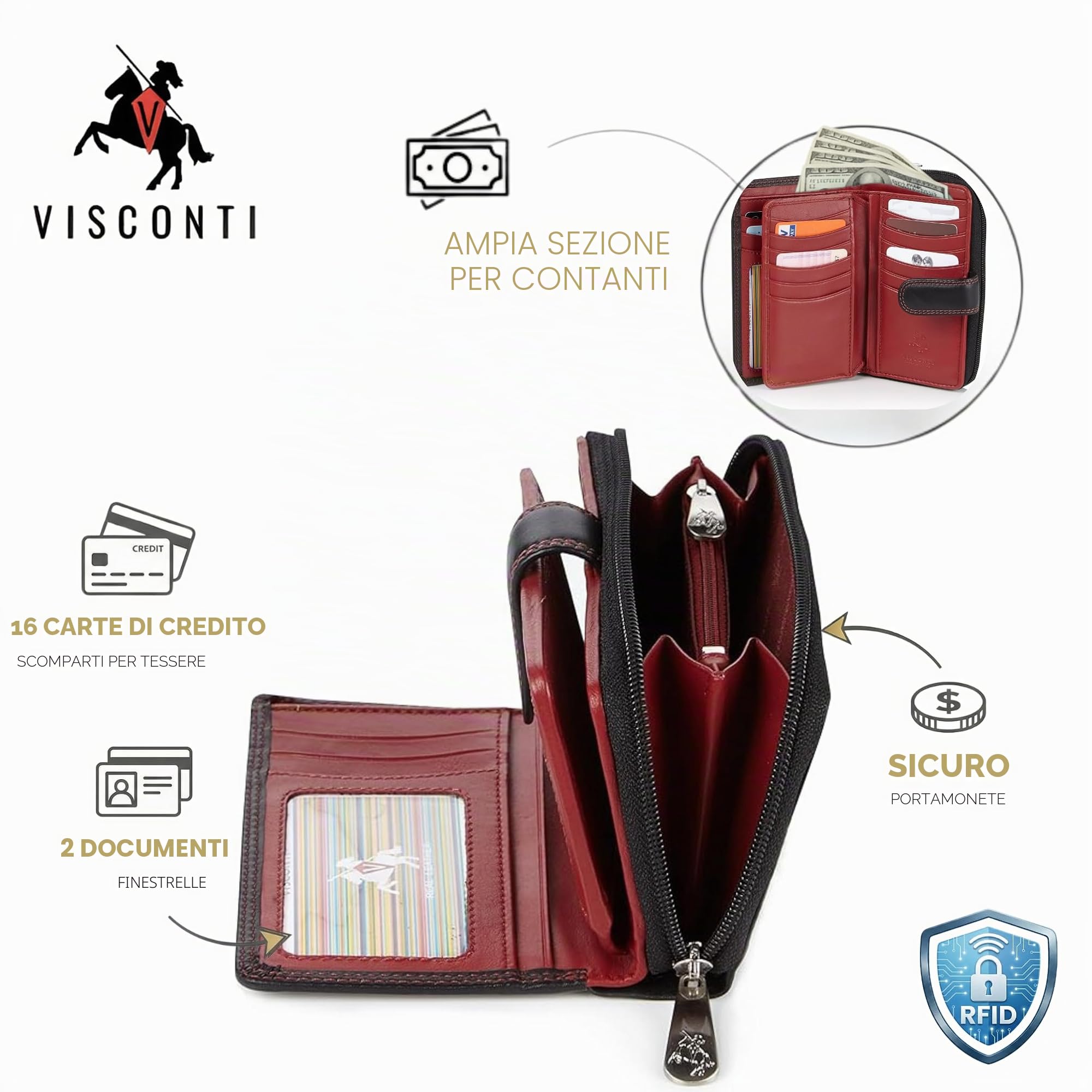 Visconti Colorado Portafoglio Donna Vera Pelle con protezione RFID Nero/Rosso