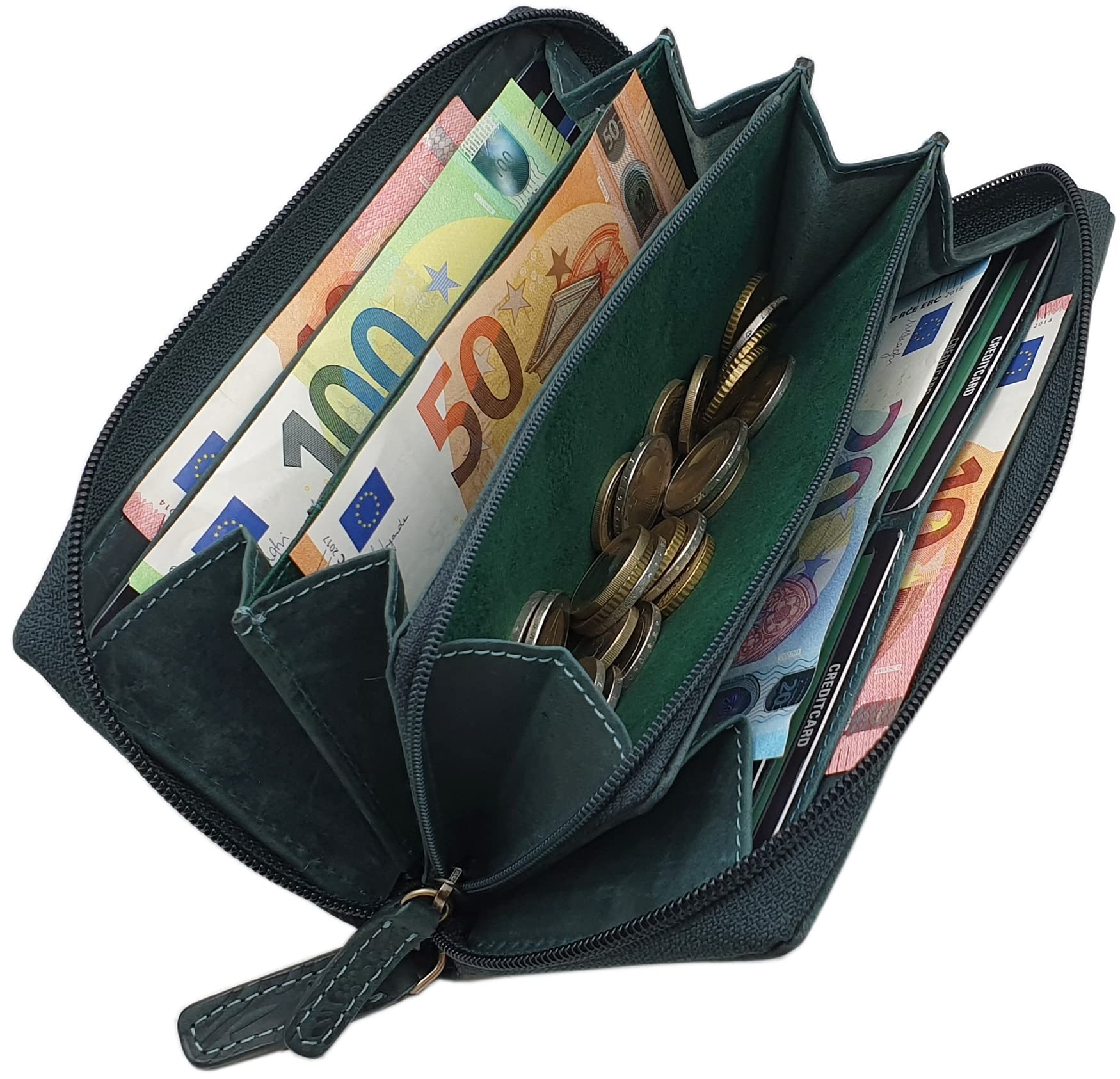 myledershop Damen Geldbörsen portafoglio grande RFID verde scuro
