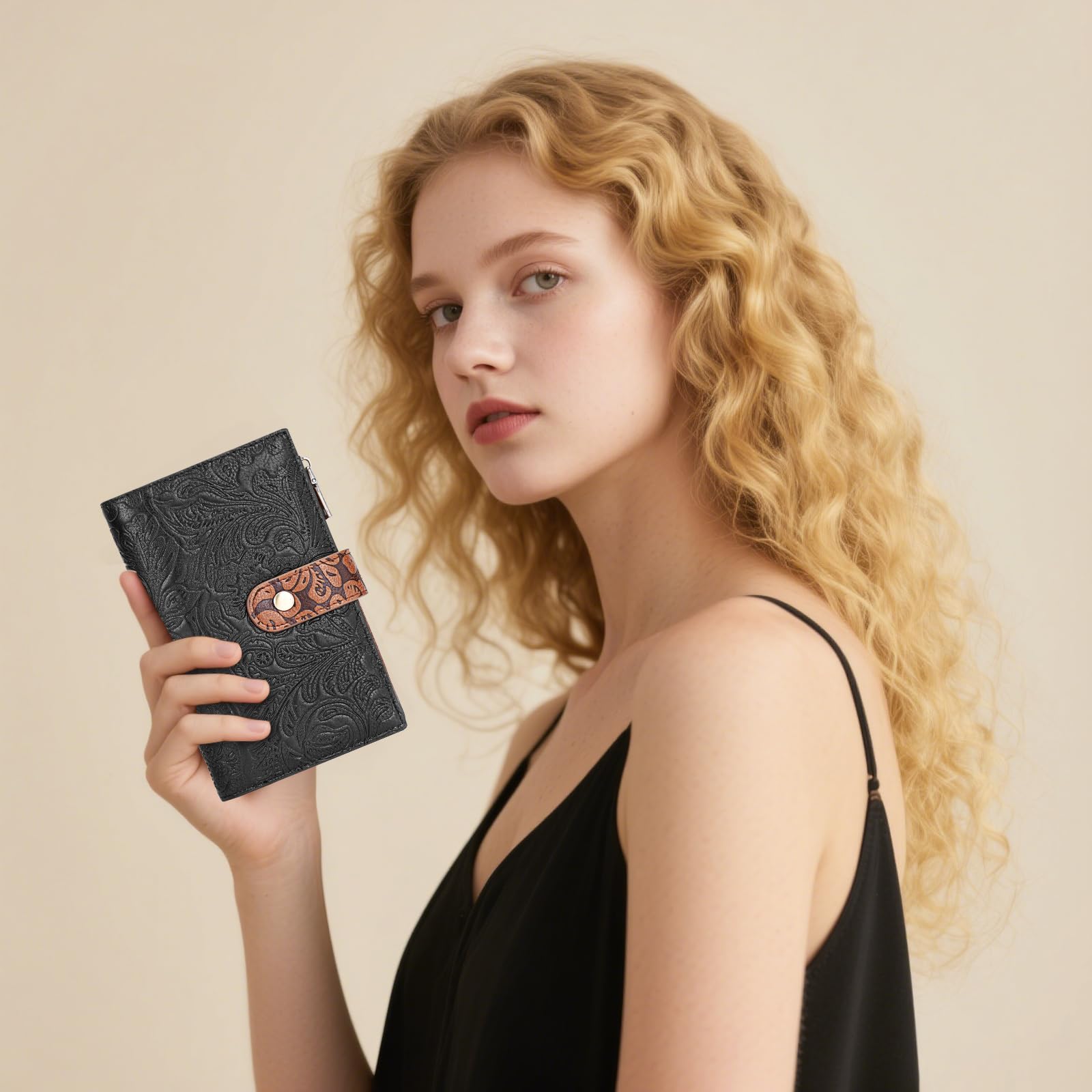 GOIACII WOMEN'S LARGE WALLET Portafoglio da donna Nero e marrone RFID