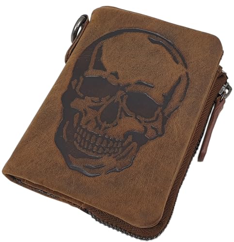 myledershop Herren Geldbörsen portafoglio uomo in pelle di bufalo teschio cognac RFID