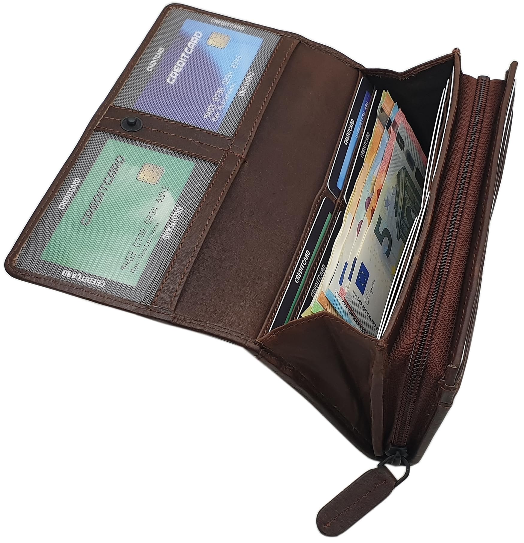 myledershop Damen Geldbörsen portafoglio grande pelle bovina marrone RFID