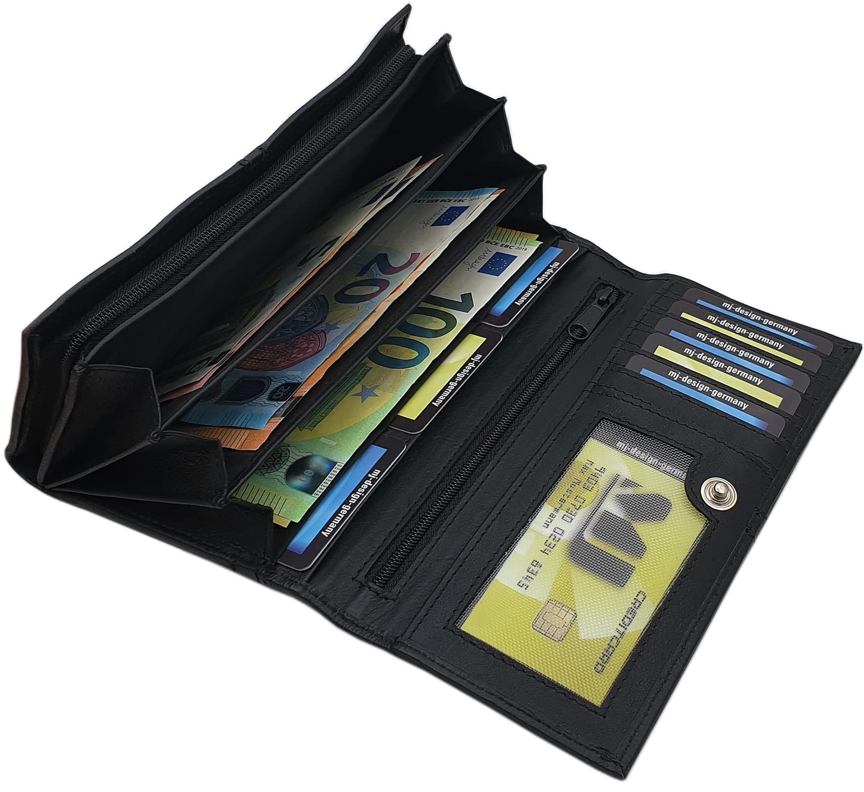 myledershop Damen Geldbörsen grande portafoglio donna pelle di vitello nero RFID NFC