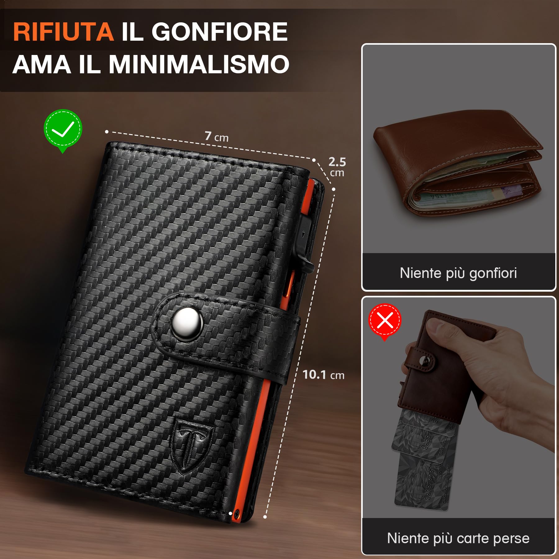 TENBST Card Holder portacarte uomo Nero/Arancione 10 carte RFID