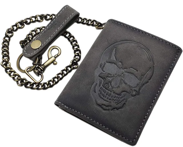 myledershop Bikerbörsen portafoglio biker grigio vintage con catena e RFID