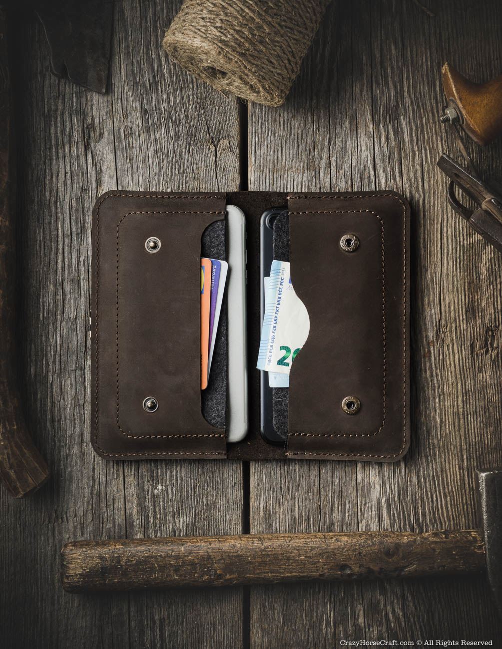 Crazy Horse Craft Phone Cases Portafoglio doppio iPhone Wood Brown