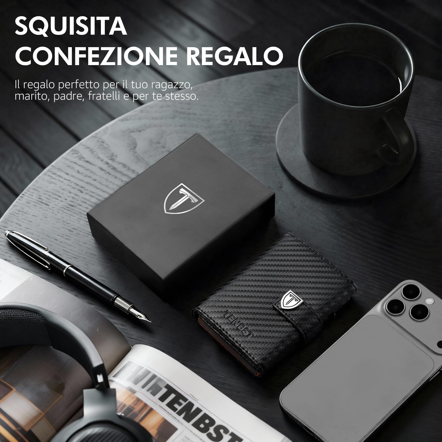TENBST Card Holder portafoglio uomo nero arancione RFID 10 carte