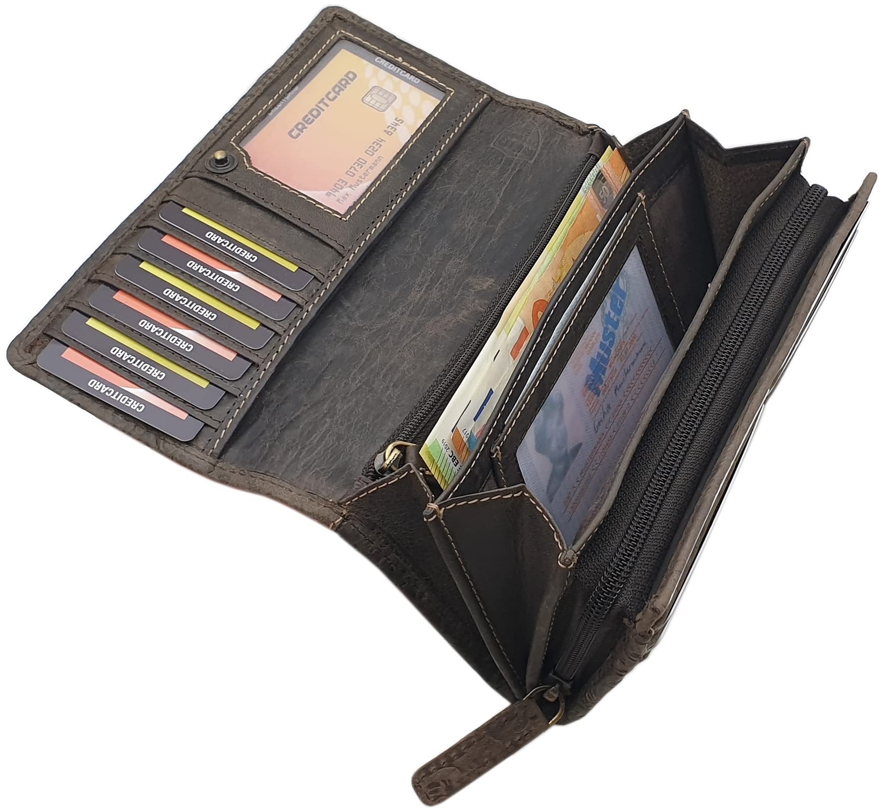 myledershop Damen Geldbörsen portafoglio grande marrone RFID