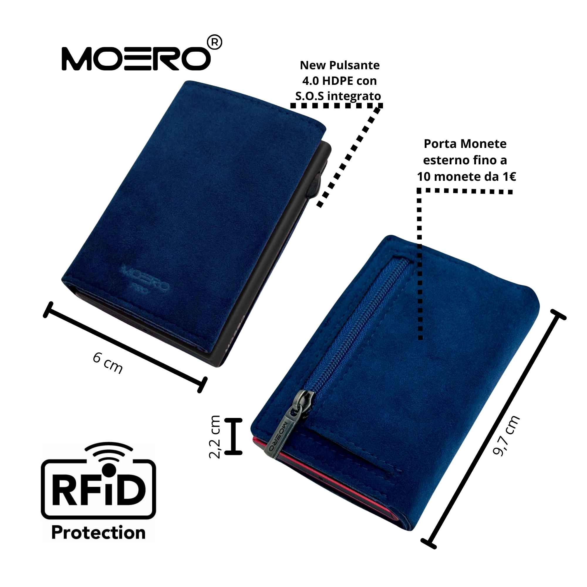 Moero Linea PRO PRO PLUS Zip SUPERIOR portafoglio Blu RFID Alcantara