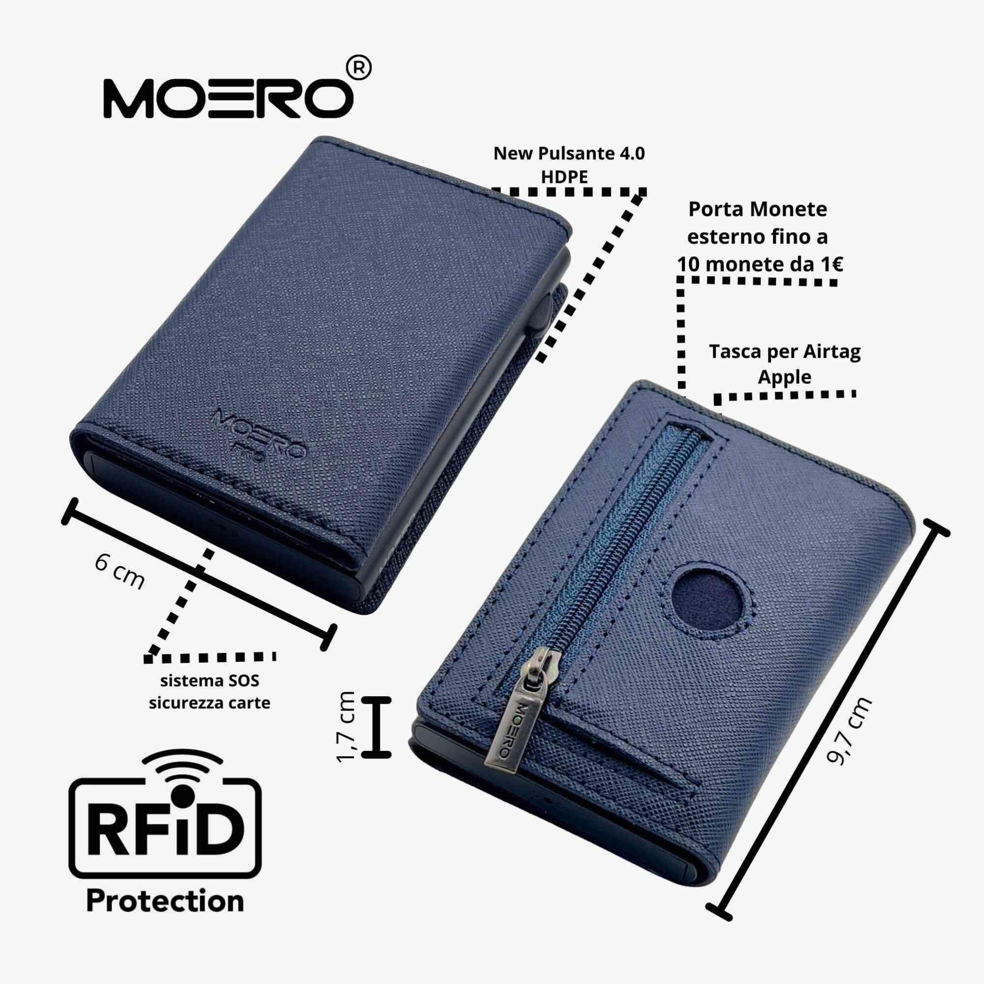 Moero Linea AirTag PRO Zip AirTag Saffiano portafoglio Blu Navy RFID
