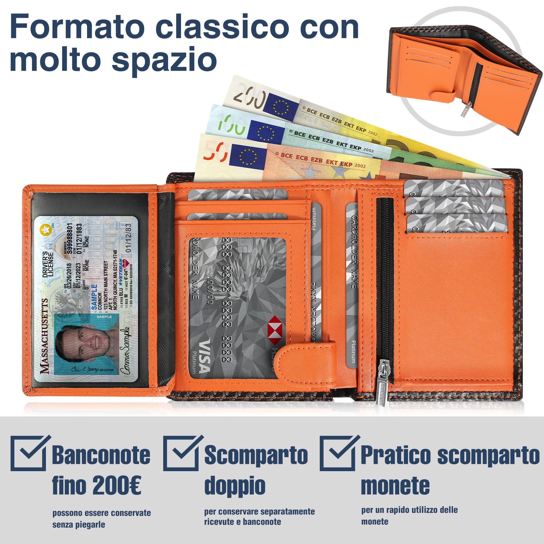 TENBST Classic Wallet portafoglio uomo nero arancione 1 pezzo RFID