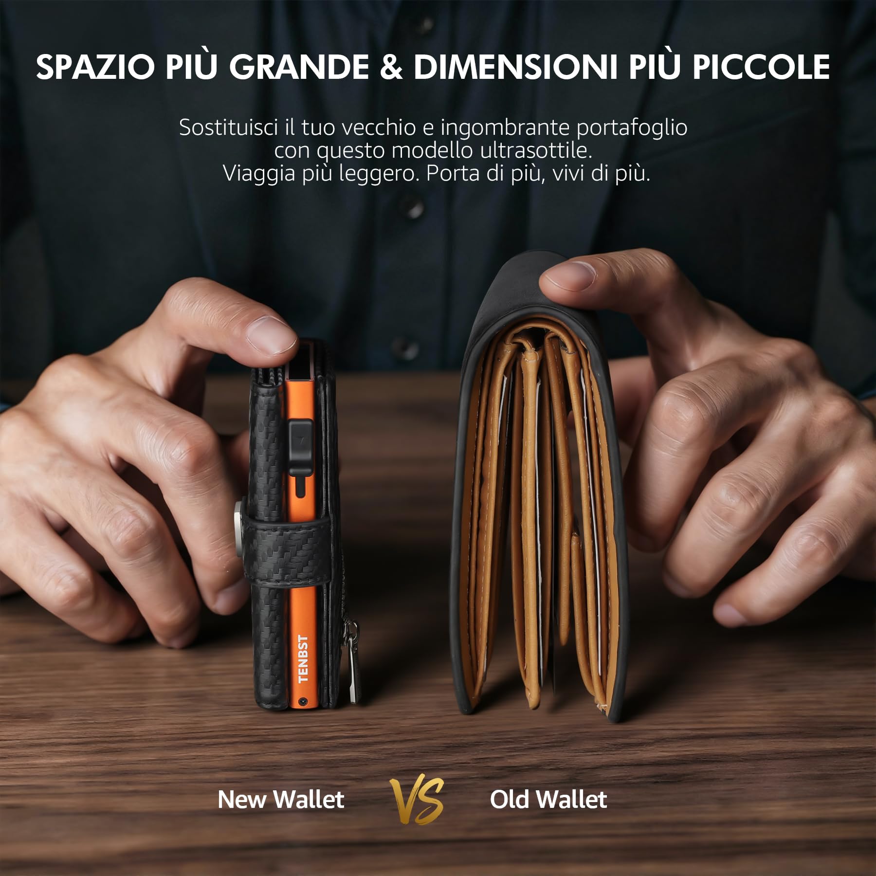 TENBST Card Holder portafoglio uomo nero arancione RFID 10 carte
