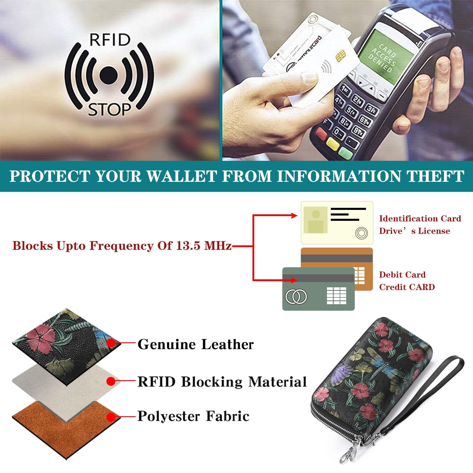 GOIACII WOMEN'S LARGE WALLET portafoglio donna doppia zip RFID